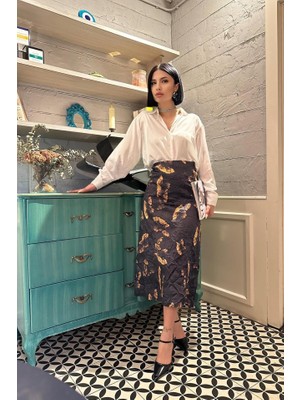 Livizmir Moda Siyah Baskılı Kroşetalı Etek