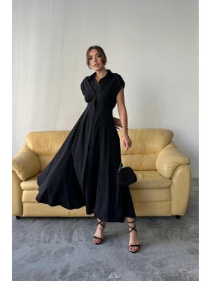 Livizmir Moda Kolsuz Vatkalı Önden Düğmelibel Pens Detaylı Poplin Elbise - Siyah
