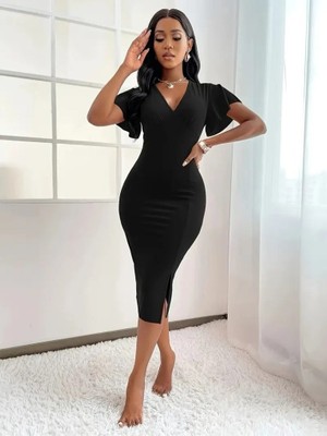 Livizmir Moda Kadın Kısa Kollu Derin Dekolte V Yakalı Yırtmaçlı Midi Janjan Krep Elbise