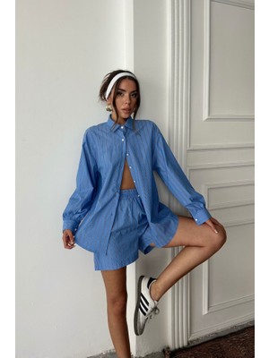 Livizmir Moda Poplin Çizgili Gömlek - Şort Takım - Mavi