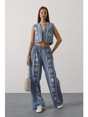 Livizmir Moda Baskılı Önü Bağlamalı Yelekli Takım - Indigo