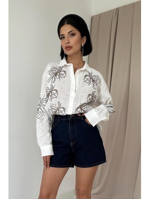 Livizmir Moda Beyaz Flamlı Keten Nakışlı Pullu Gömlek