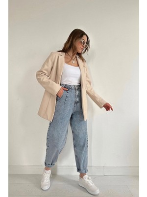 Livizmir Moda Bej Düğmeli Deri Ceket