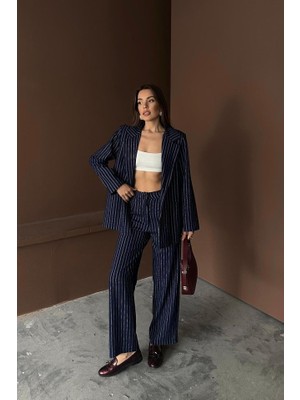 Livizmir Moda Lacivert Çizgili Ceket ve Pantolon Takım