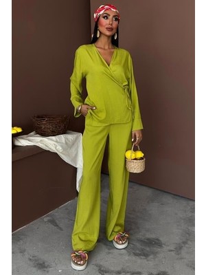 Livizmir Moda Kruvaze Model Klasik Pantolonlu Çupra Keten Takım 10191