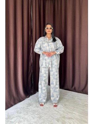 Livizmir Moda Mavi Leopar Desenli Ceket ve Pantolon Keten Takım