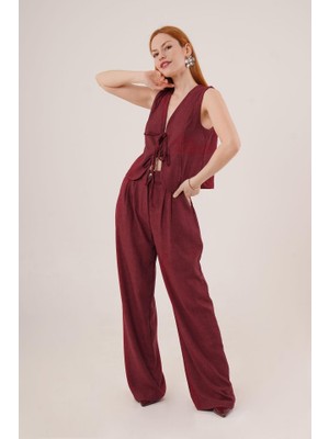 Livizmir Moda Ön Bağlama Detaylı Yelek ve Pantolon Bordo Ikili Takım