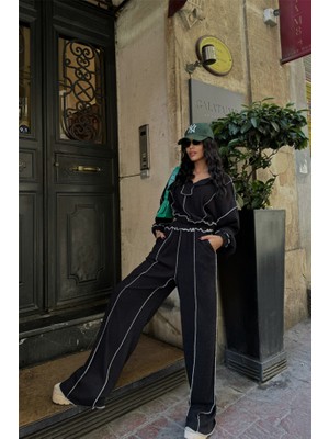 Livizmir Moda Biyeli Bluz Pantolon Takım Şönil Kumaş - Siyah