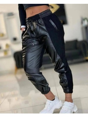Livizmir Moda Kadın Yüksek Bel Lastikli Cepli Deri Detaylı Dalgıç Pantolon