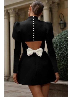 Livizmir Moda Kadın Uzun Kollu Yarı Balıkçı Yaka Arkadan Kurdela Detaylı Mini Atlas Elbise