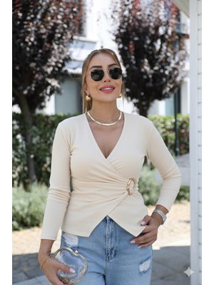 Livizmir Moda Kadın Uzun Kollu Kruvaze Yakalı Toka Detaylı Viskon Bluz