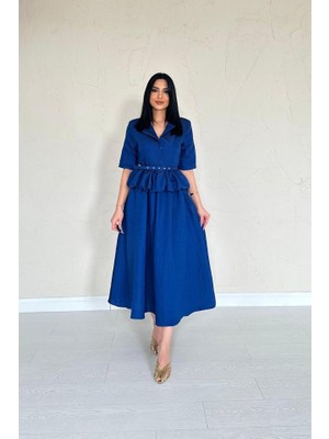 Livizmir Moda Lacivert Ince Kemerli Fırfırlı Ceket ve Büzgülü Etek Takım