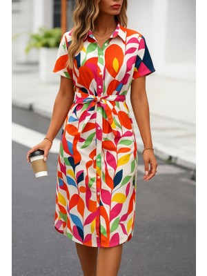 Livizmir Moda Kadın Kısa Kollu Yakalı Önü Düğmeli Önden Drapeli Desenli Süprem Elbise