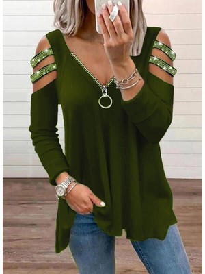Livizmir Moda Kadın Haki Kolları Taş Işlemeli Uzun Kol Fermuarlı Viskon Bluz