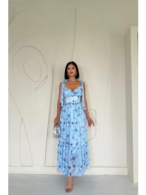 Livizmir Moda Mavi Şifon Drapeli Elbise