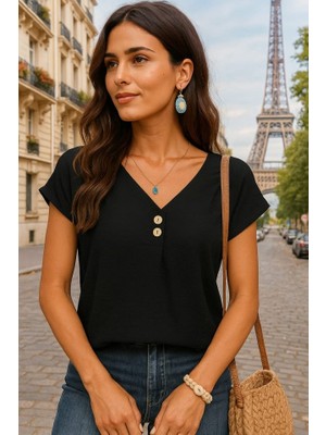 Livizmir Moda Kadın Kısa Kollu Önü Düğmeli V Yaka Aerobin Bluz