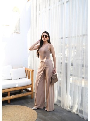 Livizmir Moda Keten Önü Çapraz Parçali Lasti̇kli̇ ve Bağcikli Geni̇ş Paça Pantolon