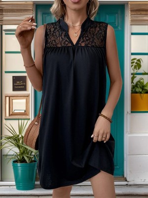 Livizmir Moda Kadın Kolsuz V Hakim Yaka Dantelli Janjan Krep Elbise