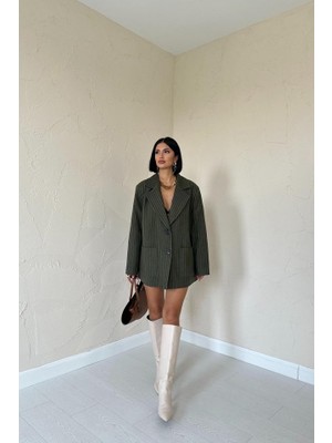 Livizmir Moda Haki Çizgili Oversize Ceket