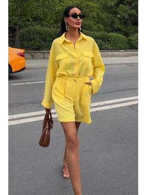 Livizmir Moda Gömlek ve Şort Flamlı Keten Takım 10130