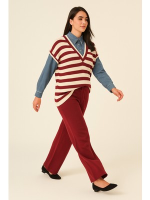 BezeXL Büyük Beden Kol Yaka Kot Bordo Ikili Triko Takım