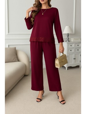 Livizmir Moda Kadın Uzun Kollu Bisiklet Yaka Pulpayetli Viskon Iki Iplik Bluz ve Pantolon Ikili Takım