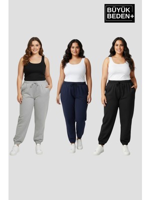 Superlife Kadın Büyük Beden Üçlü Jogger Paça Lastikli Ince Eşofman Altı Seti SPR26BEA951+3