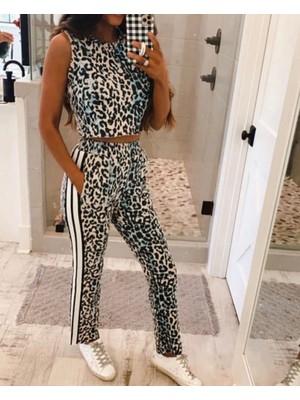 Livizmir Moda Kadın Dalgıç Kumaş Dijital Leopar Baskılı Şerit Detaylı Takım