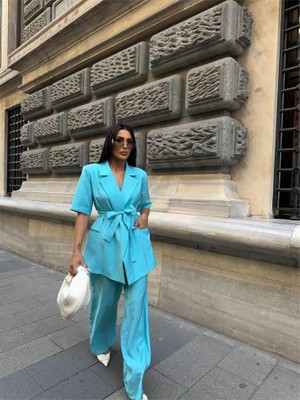 Livizmir Moda Kısa Kol Bağlama Detaylı Ceket-Pantolon Takım - Mavi