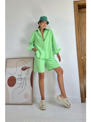 Livizmir Moda Fıstık Yeşili Önü Cepli Gömlek ve Şort Takım