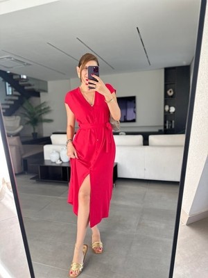 Livizmir Moda Kadınn V Yaka Düğme Detay Kuşak Dahil Elbise