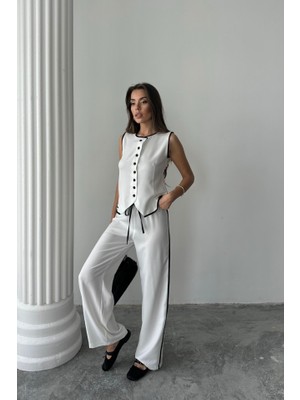 Livizmir Moda Keten Kenarları Biyeli Yelek - Pantolon Takım - Beyaz