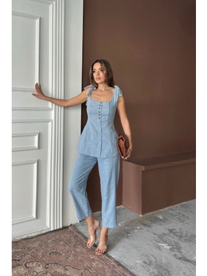 Livizmir Moda Şantuk Keten Yelek Görünümlüaskılı Bluz - Pantolon Tk - Mavi