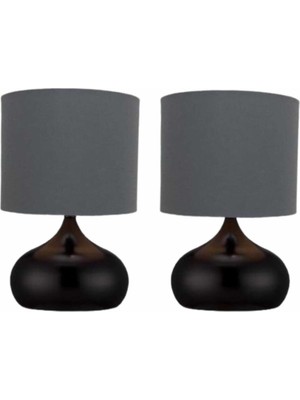 Feyza Design 2'li Füme Kumaş Şapkalı Metal Elips Masa Lambası Takımı