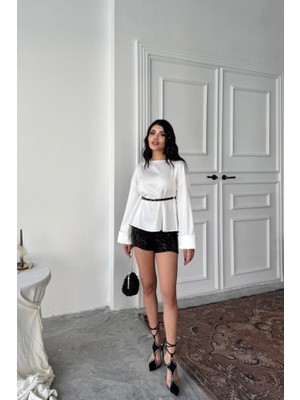 Livizmir Moda Kemer Detaylı Saten Bluz - Beyaz