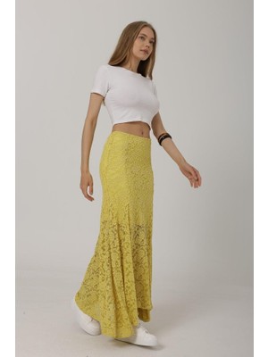 Livizmir Moda Bel Lastikli Dantel Etek - Sarı