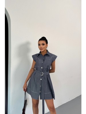 Livizmir Moda Gömlek Elbise Kolsuz Tencel Kumaş - Mavi