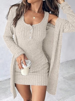 Livizmir Moda Kadın Askılı Yuvarlak Yakalı Önü Düğmeli Şardonlu Kaşkorse Mini Elbise ve Kısa Ceket