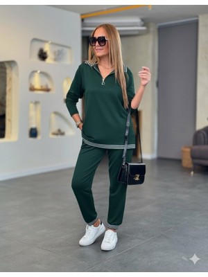 Livizmir Moda Kadın Uzun Kollu Fermuarlı Şerit Detay Desenli Alt Üst Ikili Viskon Iki Iplik Takım