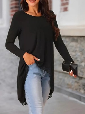 Livizmir Moda Kadın Uzun Kollu Bisiklet Yaka Asimetrik Kesim Detaylı Dantelli Viskon Bluz