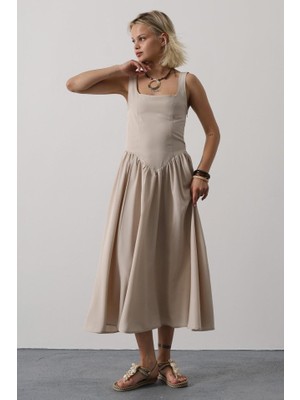 Livizmir Moda Askılı Uzun Elbise - Taş