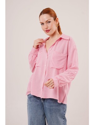 Livizmir Moda Yarasa Kol Çizgili Cep Detaylı Pembe Gömlek