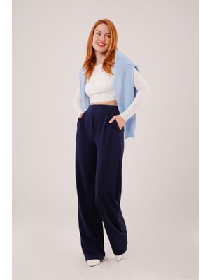 Livizmir Moda Yüksek Bel Bol Paça Krep Lacivert Pantolon