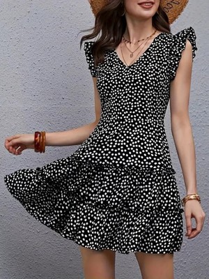 Livizmir Moda Kadın Kısa Kollu V Yakalı Desenli Fırfırlı Süprem Elbise