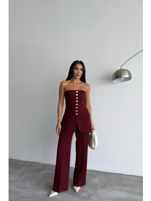 Livizmir Moda Tasarım Gold Düğmeli Straplezyelek - Bordo