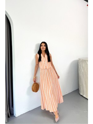 Livizmir Moda Keten Çizgili Yelek - Uzun Etek Takım - Orange