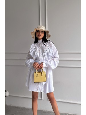 Livizmir Moda Önden Düğmeli Poplin Kloş Elbise Bağlama Kemer Detaylı - Beyaz