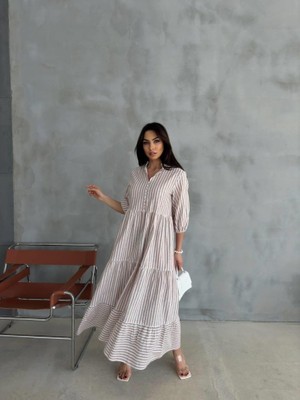 Livizmir Moda Çizgili Keten Hakim Yaka Düğmeli Salaş Elbise - Kahverengi