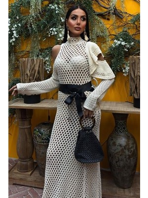 Livizmir Moda Saten Kuşaklı Ajurlu Triko Elbise 2847