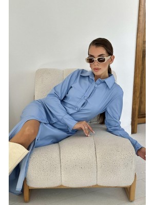 Livizmir Moda Mavi Boydan Düğmeli Deri Elbise